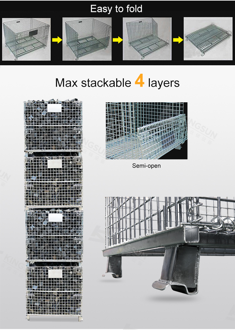 China factory galvanized metal folding cages folding container wire mesh container stackable caged pallet with plastic board