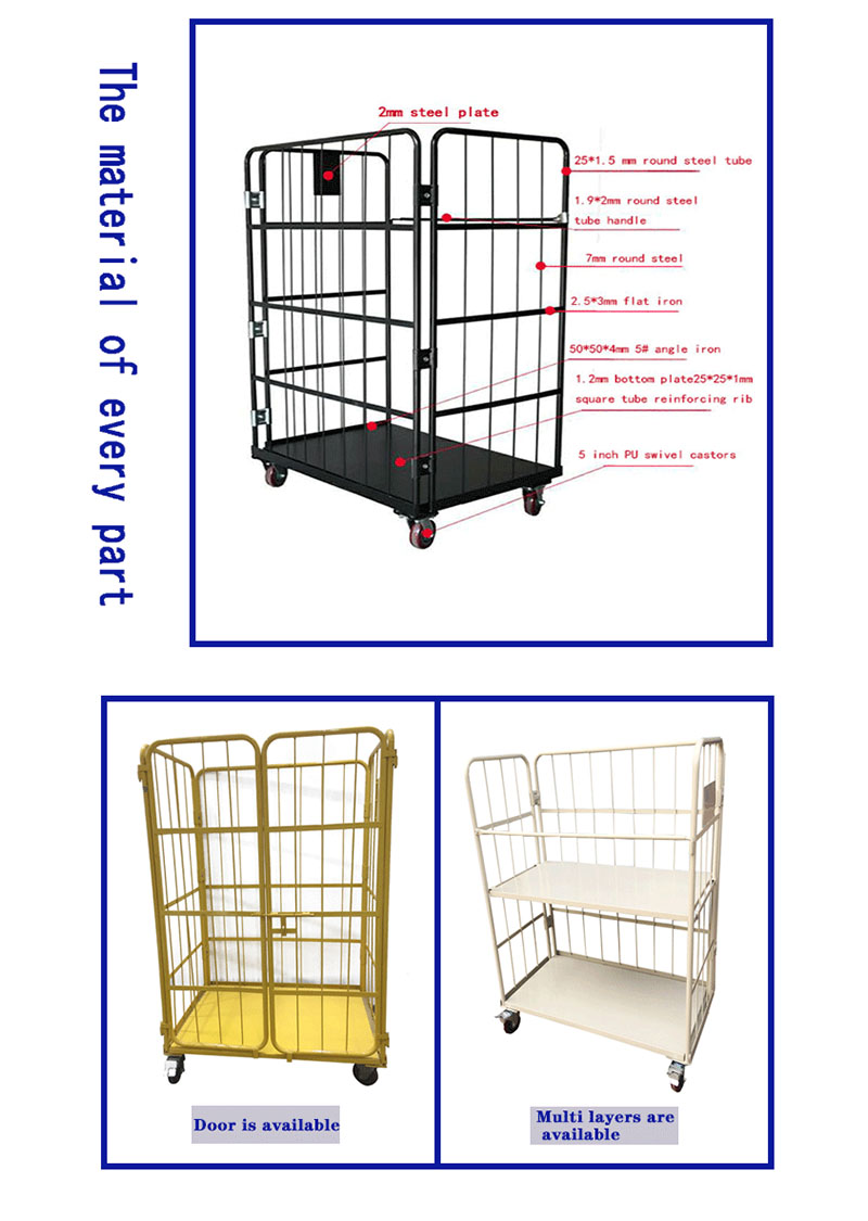 High Quality Warehouse Safety Supermarket Cargo Storage Steel Zinc Wire Mesh Roll Cage Pallet Trolley