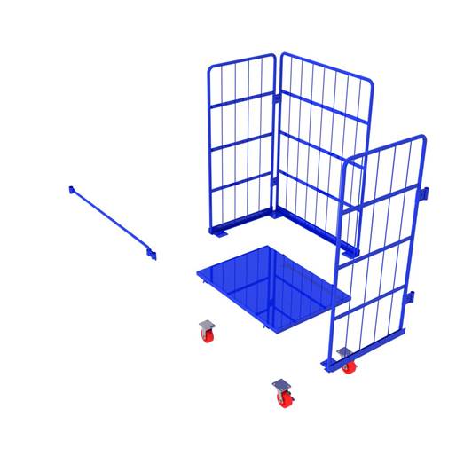 A customizable roll container in its disassembled state, showing panels, base, and wheels.