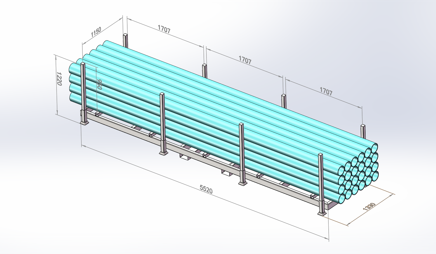 A diagram of the Derack storage system with measurements.