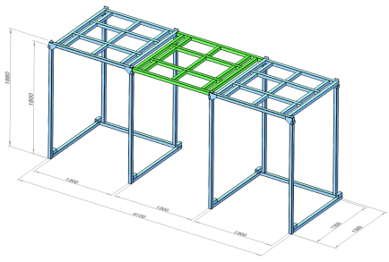 Diagram of a center linking pallet connecting two portable stack racks