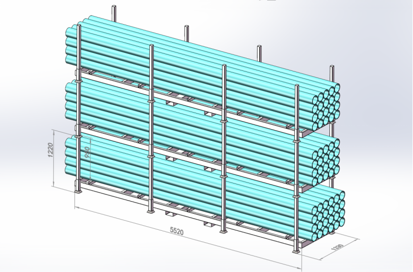 Three-tier stackable material racks in a warehouse
