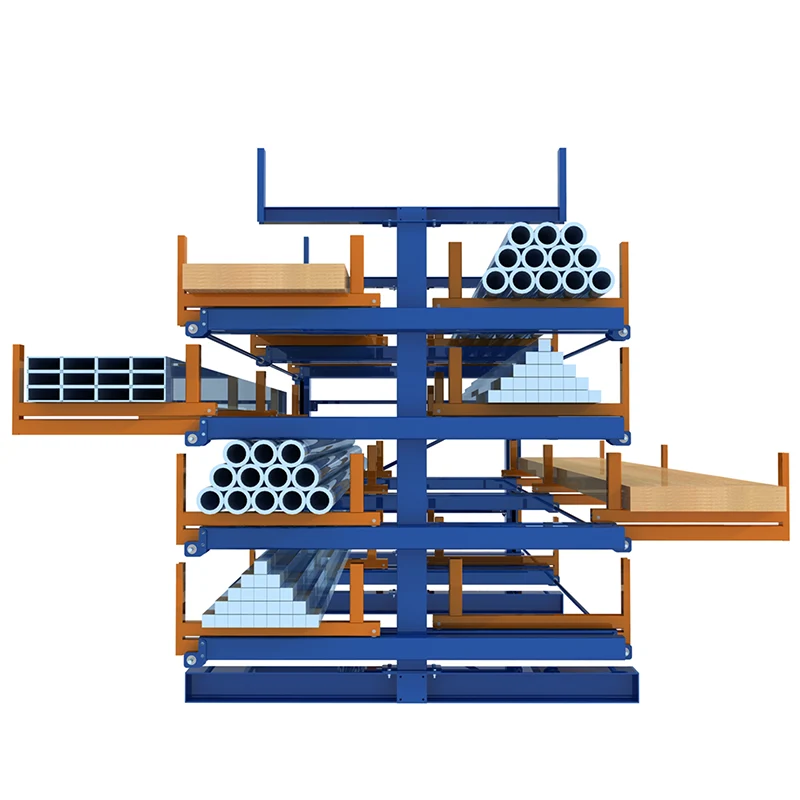 Side view of double-sided telescopic rack showing max arm length extension