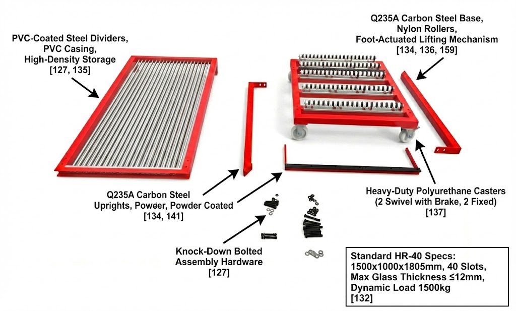 Exploded View of Knock Down Glass Harp Rack Assembly