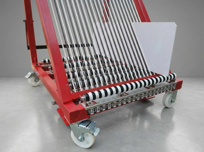 Numbered slots and nylon rollers on a harp rack for sorting glass units
