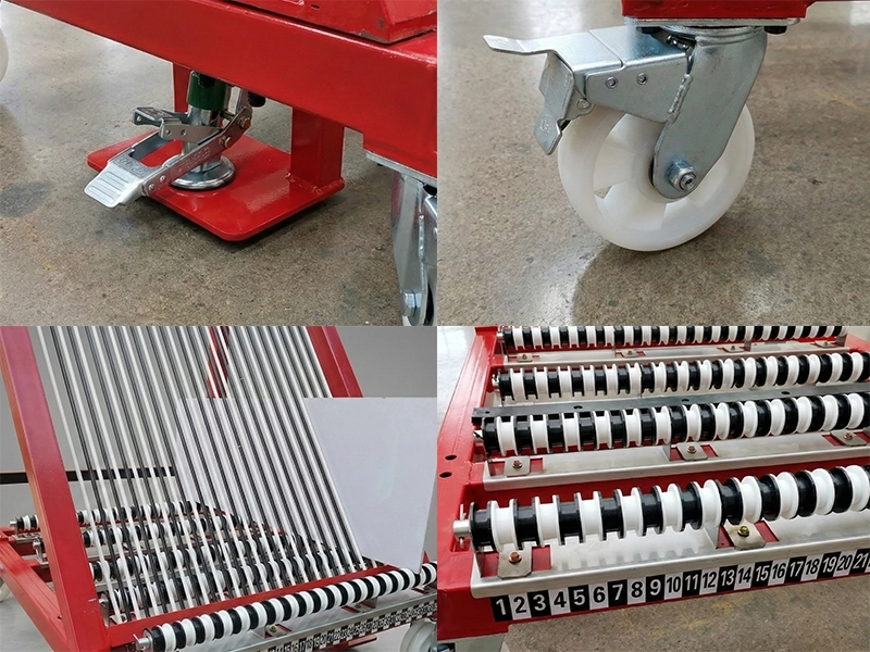 A collage of glass harp rack features including the locking mechanism and heavy-duty casters