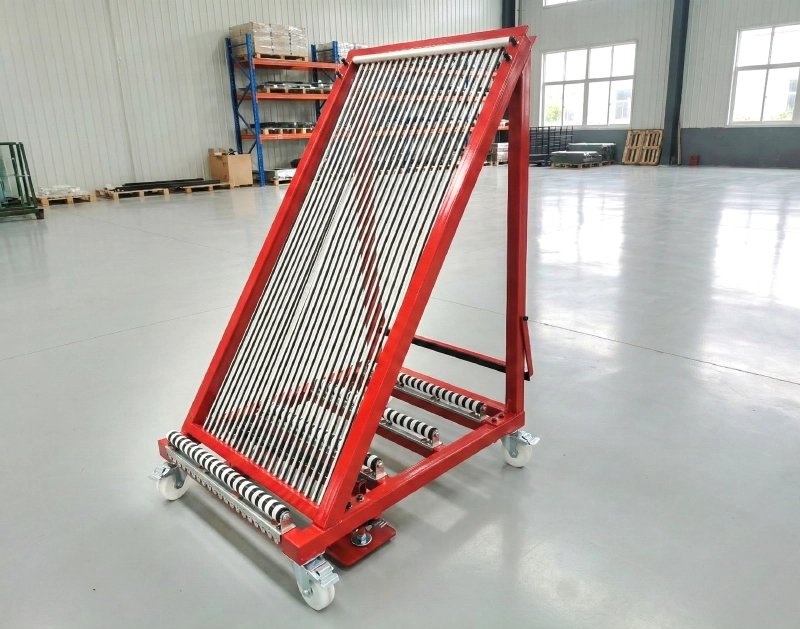 A red mobile mold storage rack for industrial tool and die organization.