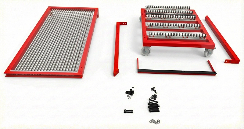 Disassembled flat pack glass separator rack components