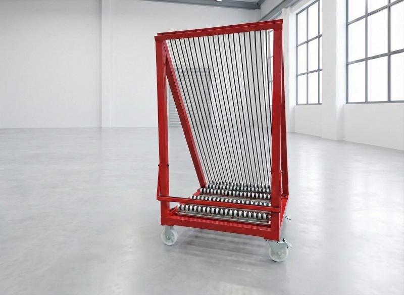 Numbered slots and nylon rollers on the base of a glass harp rack for sorting glass units.