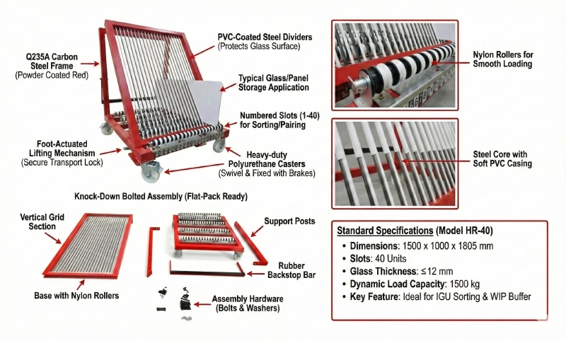 A harp rack glass trolley with features like PVC dividers and a foot-actuated locking mechanism highlighted.
