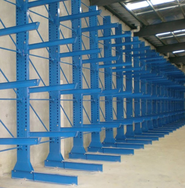 Small footprint single sided heavy duty cantilever rack systems