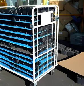 Transforming Workflows: How a Steel Industrial Cage Trolley Excels in E-commerce, Manufacturing & Retail A steel industrial cage trolley with blue shelves, used for transporting goods in a warehouse setting.
